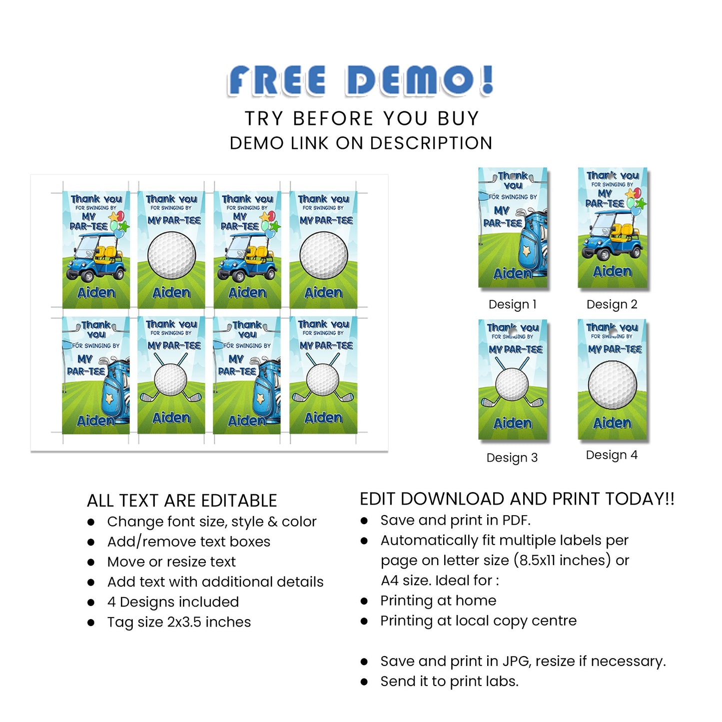 Golf Favor Tags - Custom Tags for Golf Party Favors and Goodie Bags