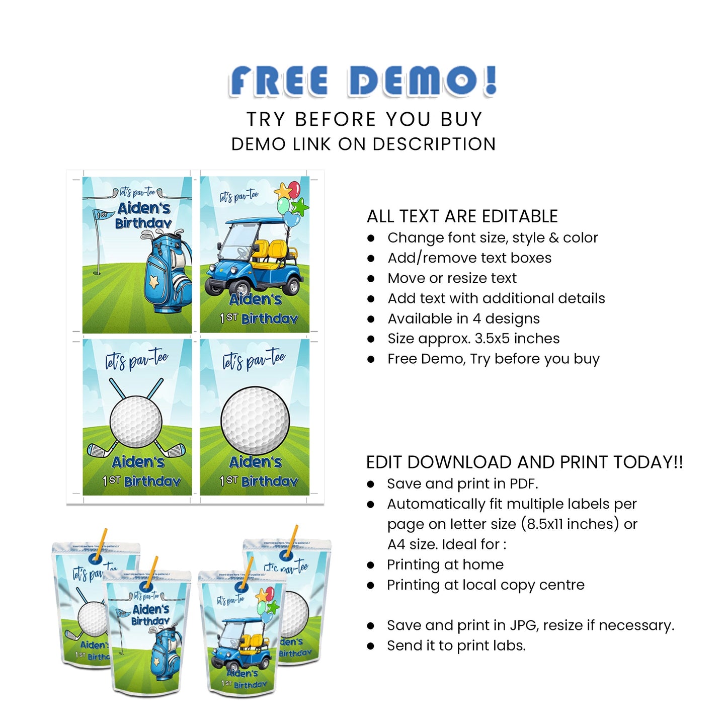 Golf Juice Pouch Labels - Add a Personalized Touch to Your Golf Party Drinks