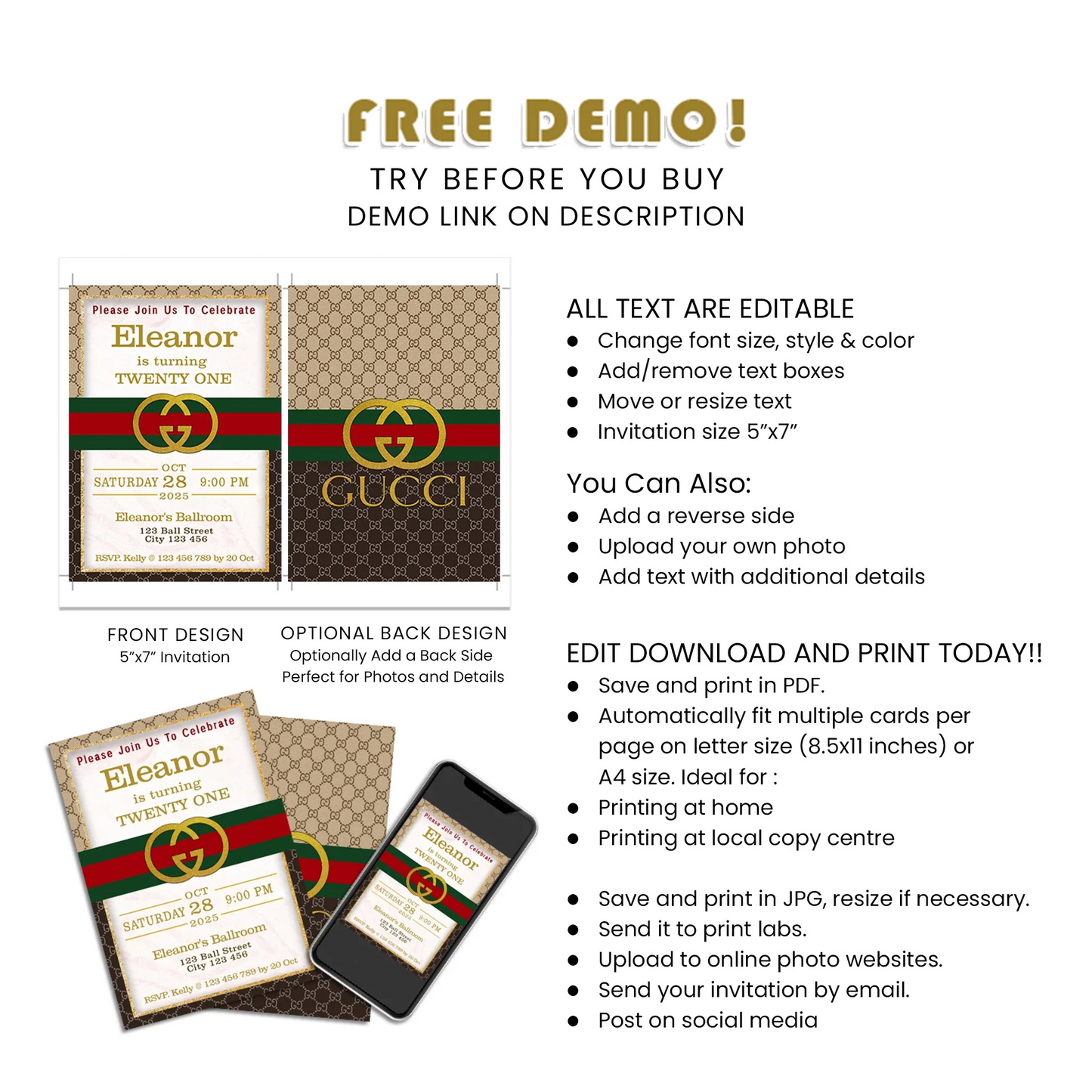 Gucci Inspired Personalized Birthday Card Invitations