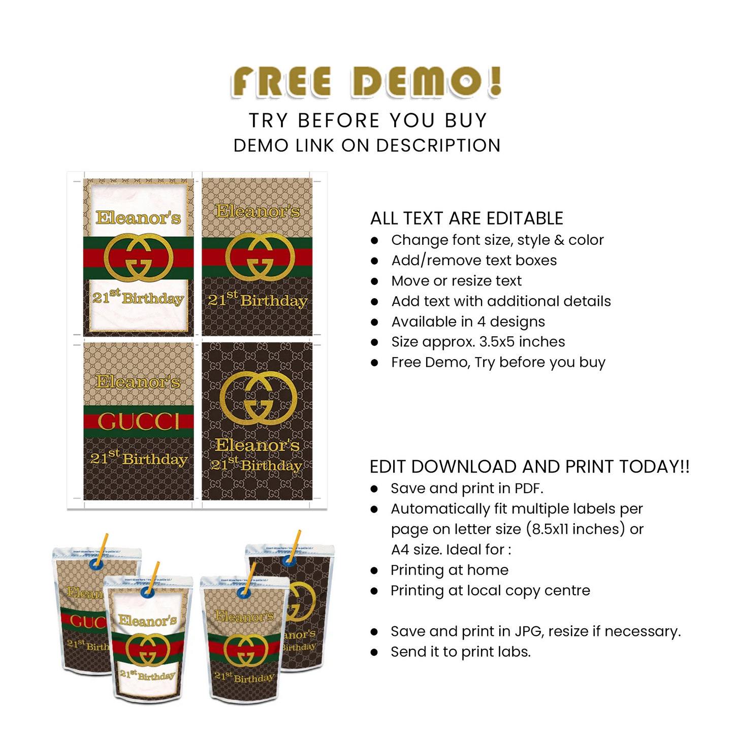 Gucci Inspired Juice Pouch Label Personalized Party Printable