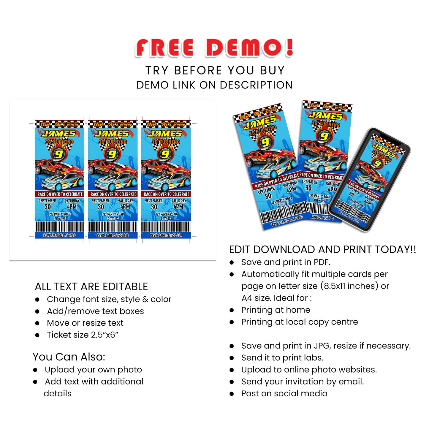Create Excitement with Our Hot Wheels Personalized Birthday Ticket Invitations