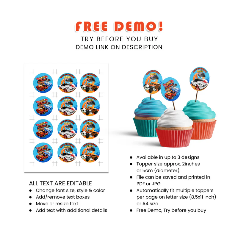 Hot Wheels Cars Personalized Cupcake Toppers Printable