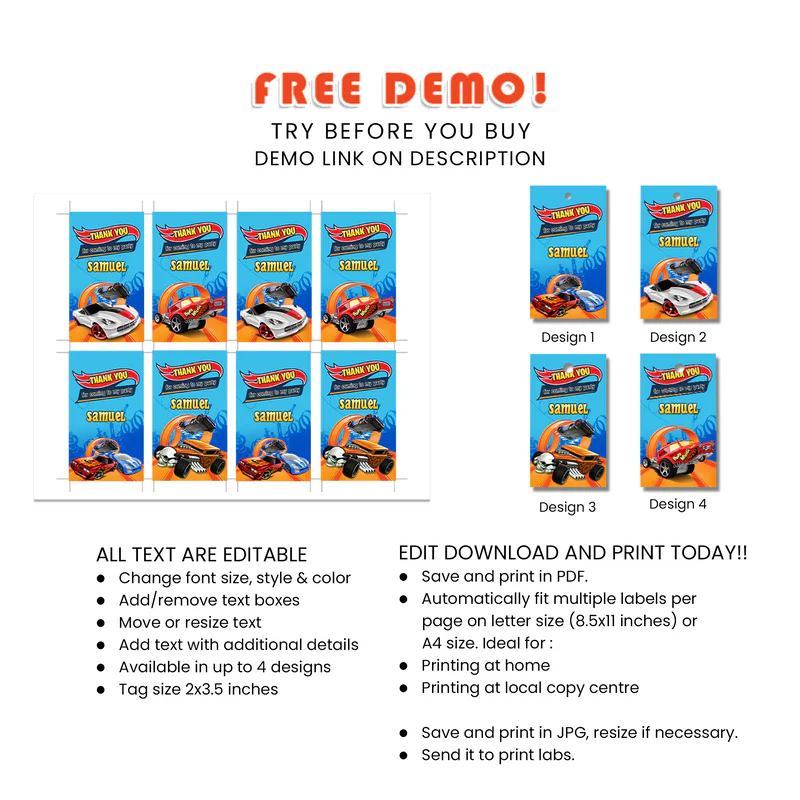 Hot Wheels Cars Favor Tags Printable Set