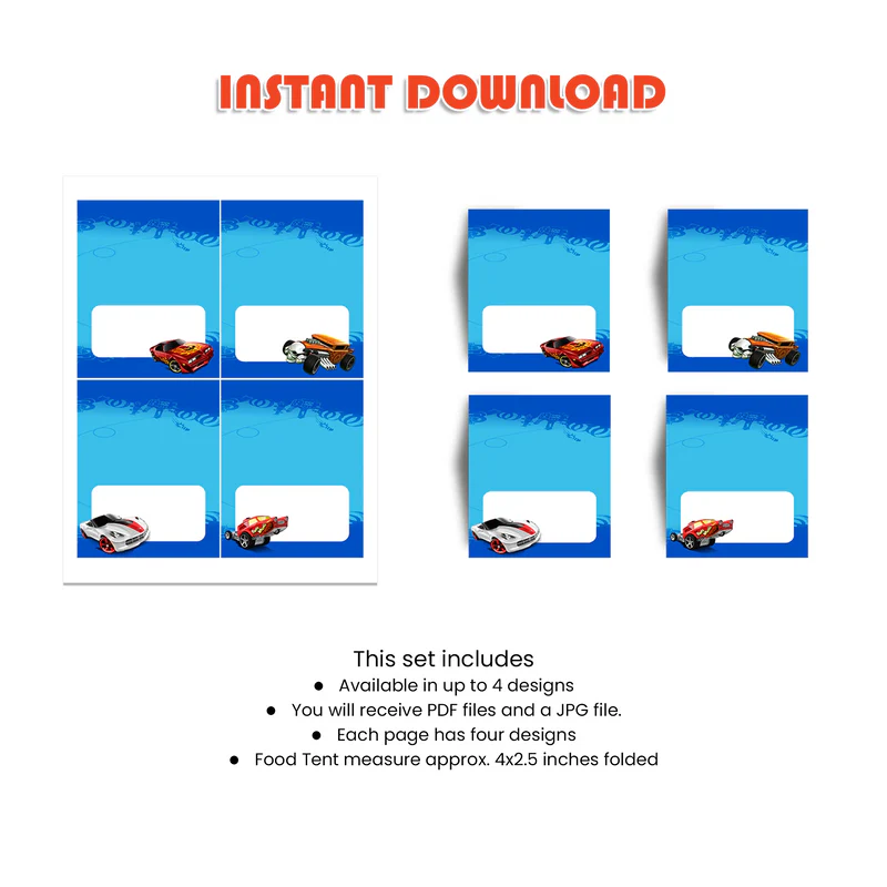 Hot Wheels Cars Food Cards Party Labels