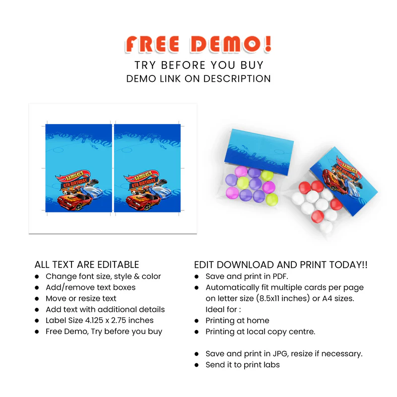 Hot Wheels Cars Treat Bag Topper Label