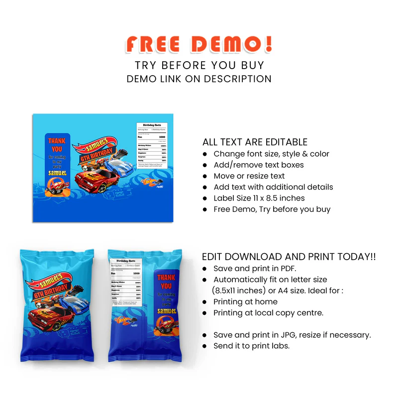 Hot Wheels Cars Chips Bag Label Printable