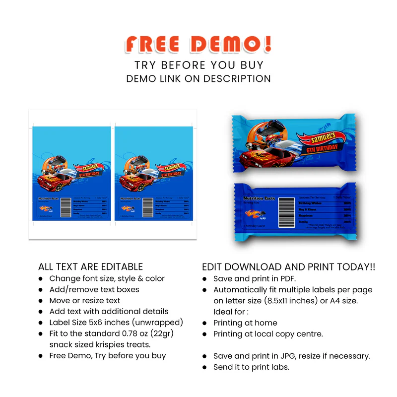 Hot Wheels Cars Rice Krispies & Candy Bar Label Set