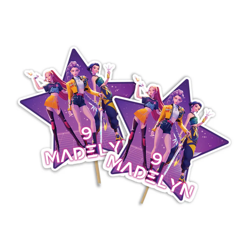Huntrix Kpop Demon Hunters cake toppers with bold colors and themed character graphics in cut-out style
