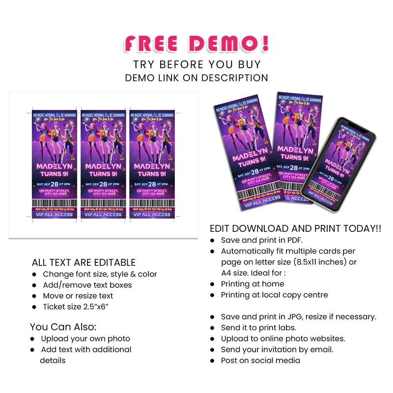 Huntrix Kpop Demon Hunters birthday ticket invitations custom