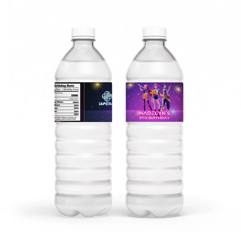 Huntrix Kpop Demon Hunters water bottle label with vibrant printed wrap design on glossy waterproof material
