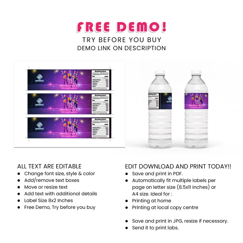 Huntrix Kpop Demon Hunters water bottle label birthday theme
