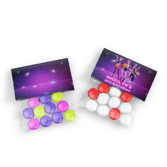 Huntrix Kpop Demon Hunters treat bag topper label with folded design and colorful character artwork