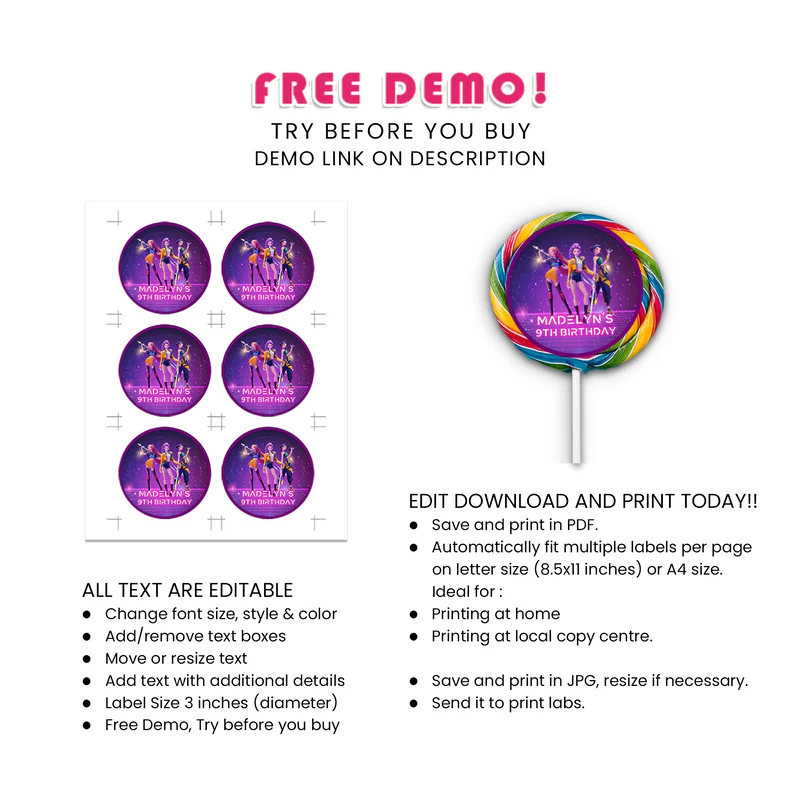 Huntrix Kpop Demon Hunters lollipop label custom party sticker