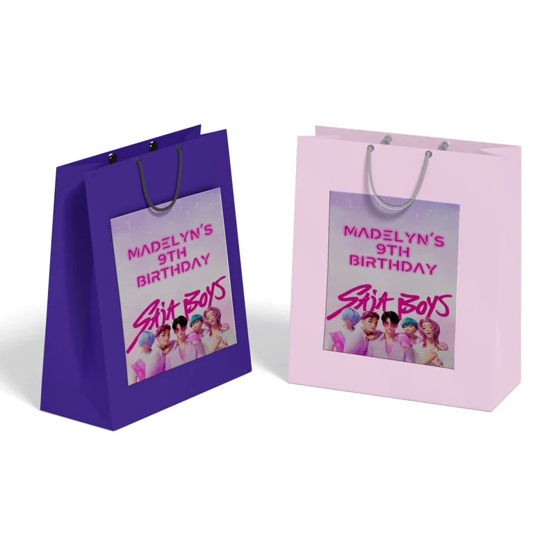 Huntrix - Saja Boys goodie bag label with blue themed design displayed flat on white background