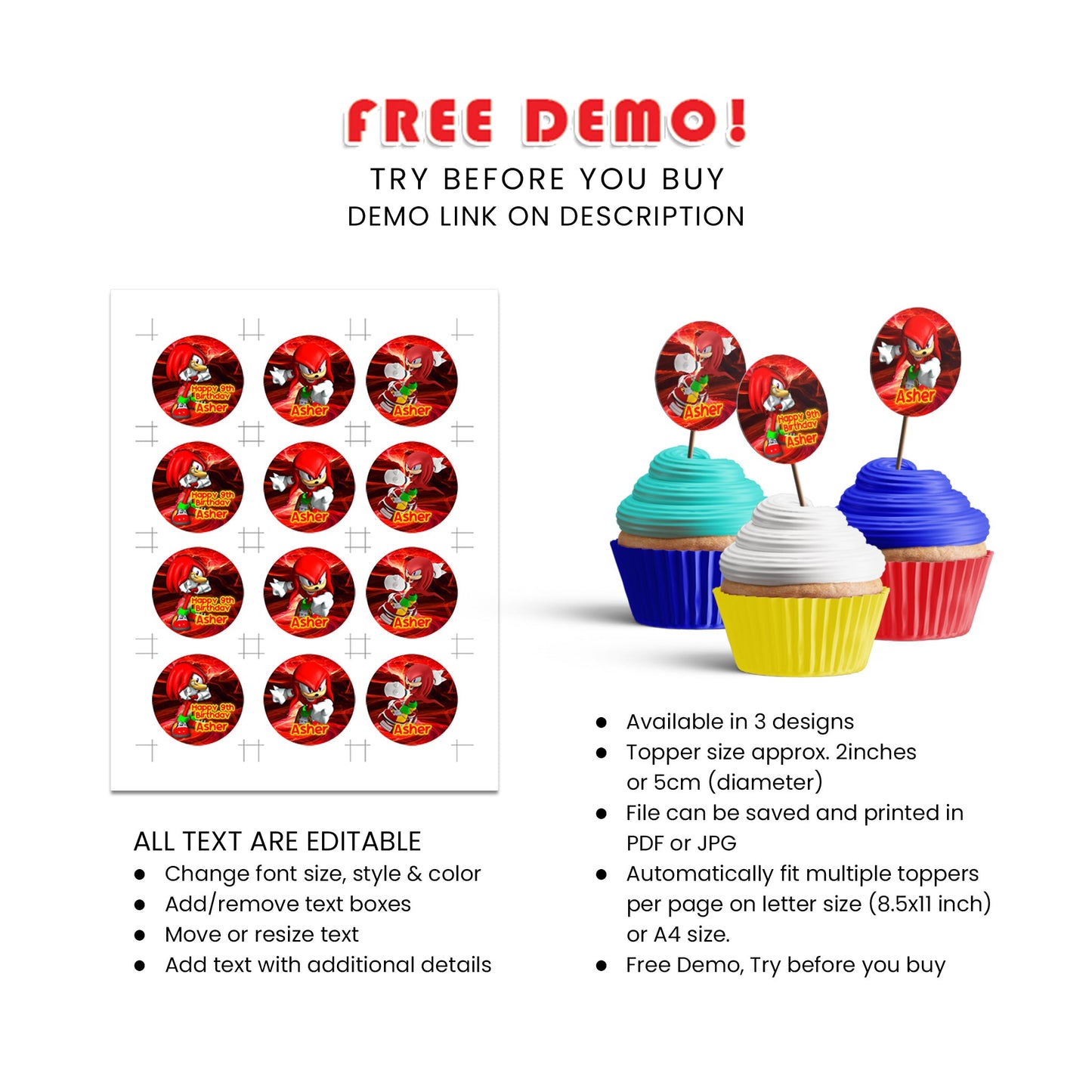 Delight Guests with Knuckles the Echidna Themed Personalized Cupcake Toppers