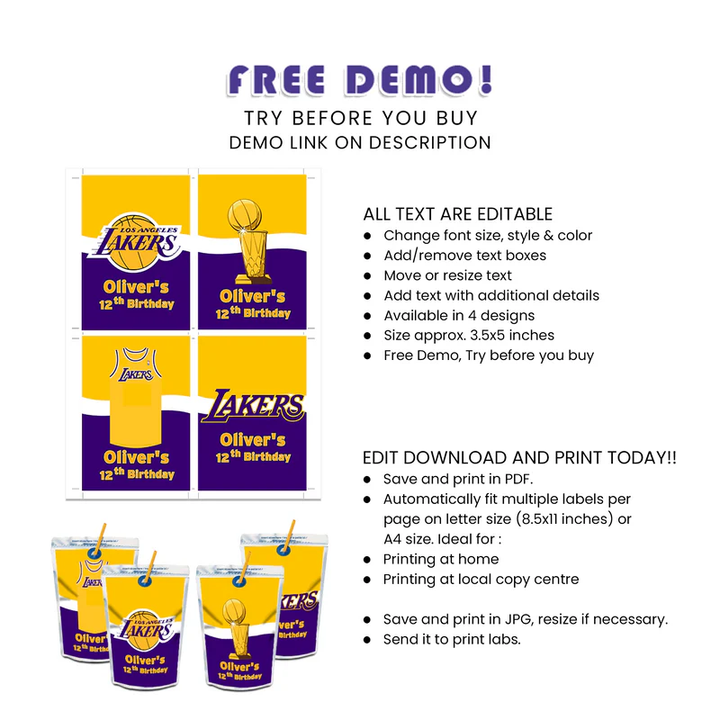 LA Lakers Juice Pouch Label Printable Lakers Party Decoration