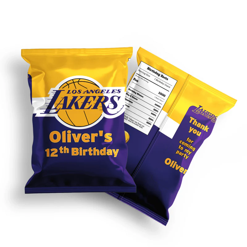 LA Lakers chips bag label in purple and gold wrapped around snack bag with custom name