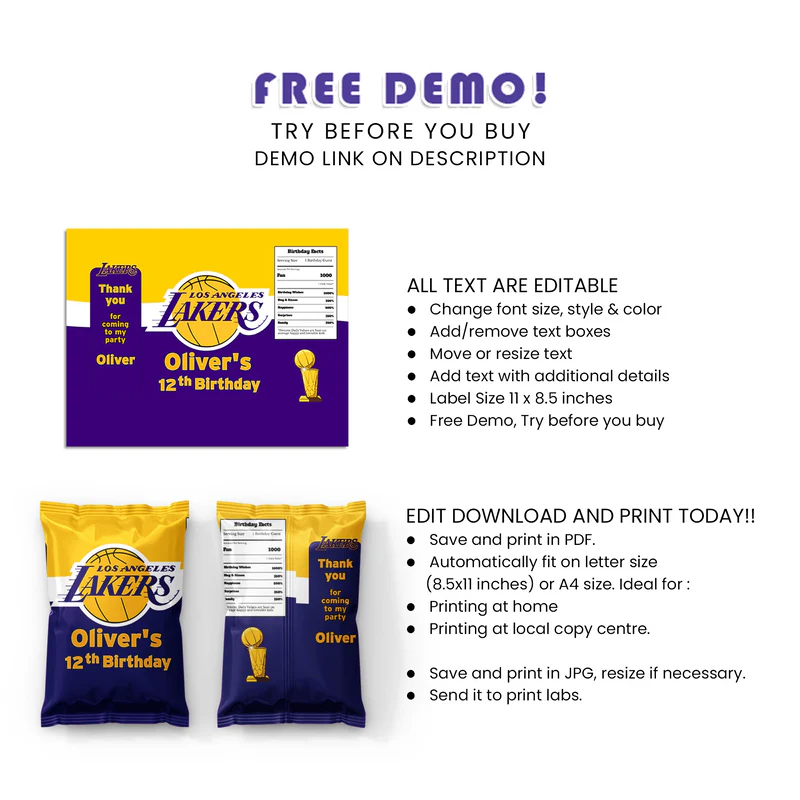 LA Lakers Chips Bag Label Custom Snack Wrapper Template