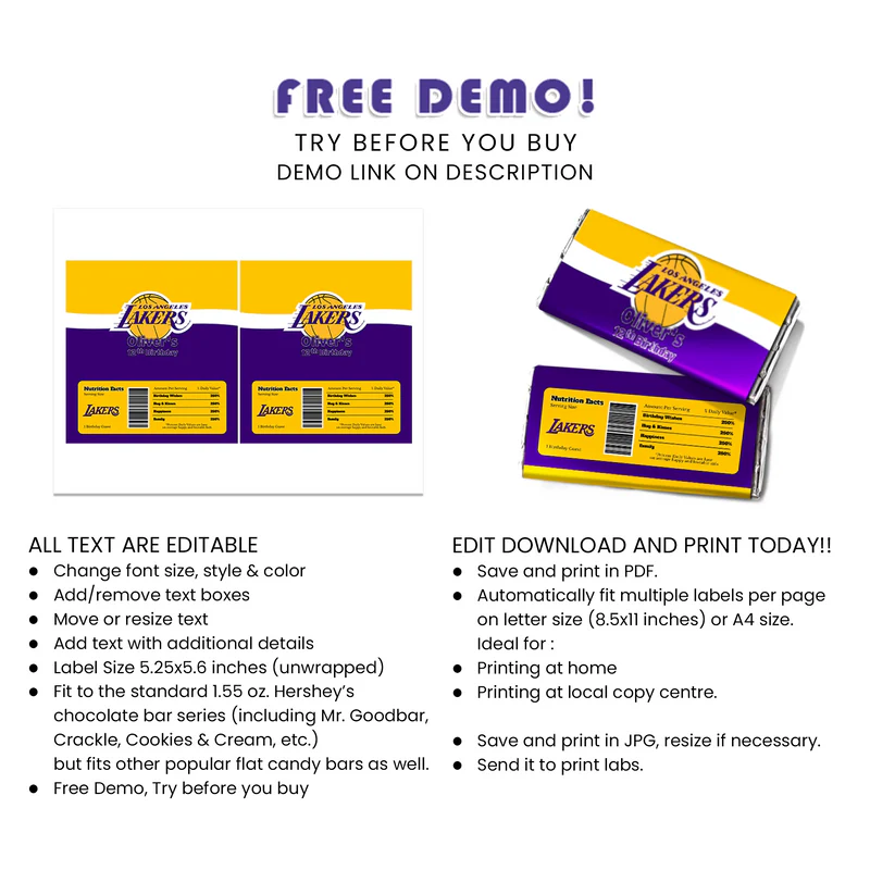 LA Lakers Chocolate Label Personalized Candy Bar Wrapper