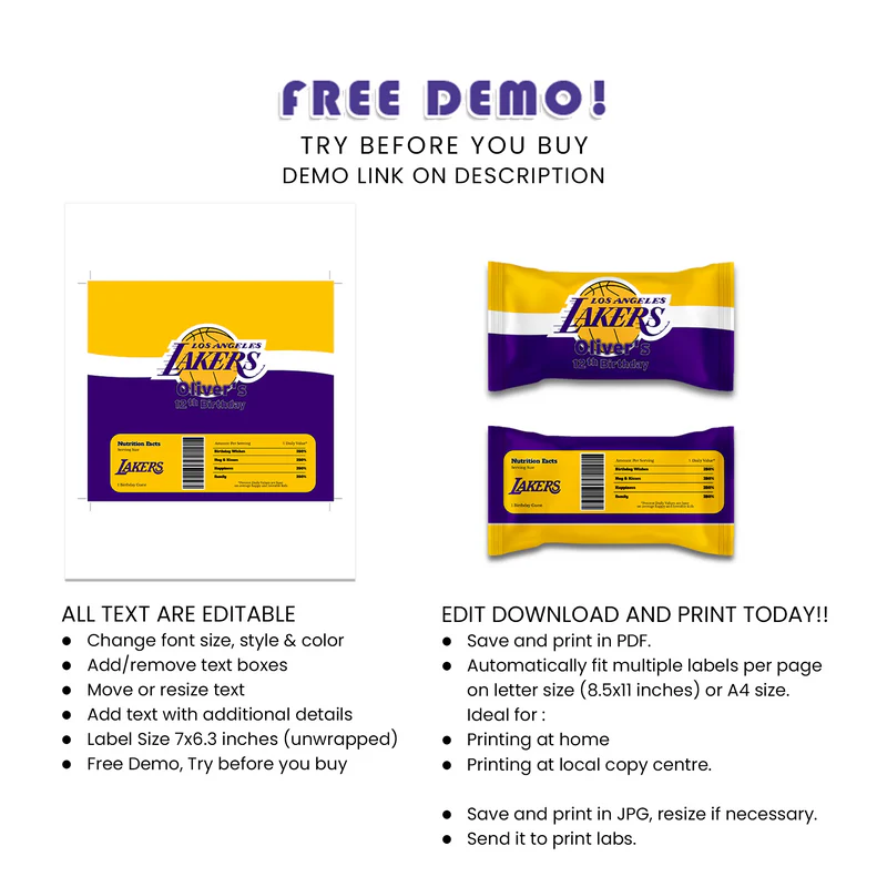 LA Lakers Skittles Label Custom Printable Candy Wrapper