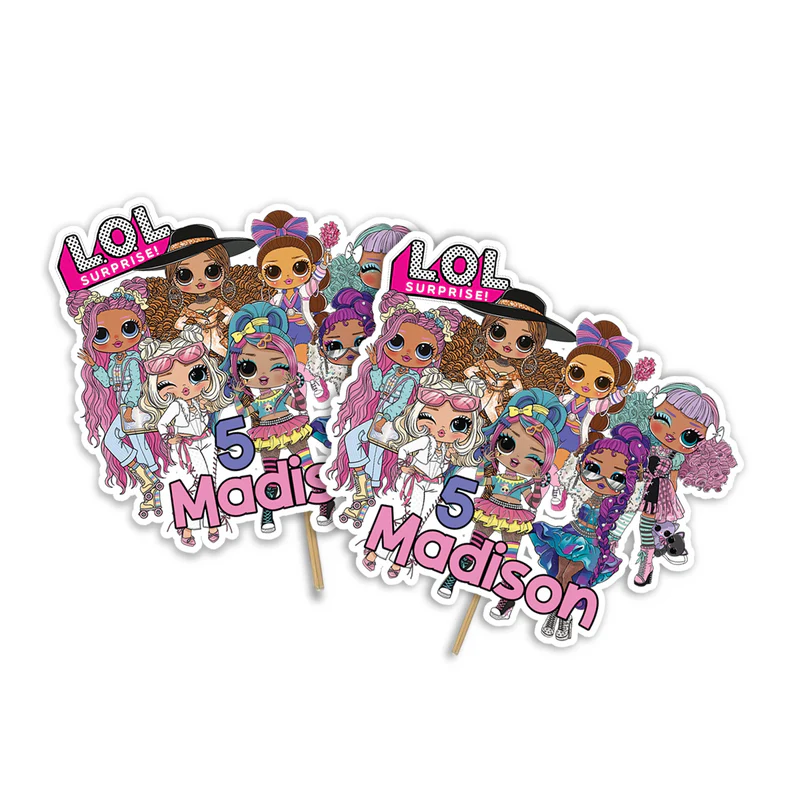 LOL Dolls Personalized Cake Toppers featuring name and age for party desserts