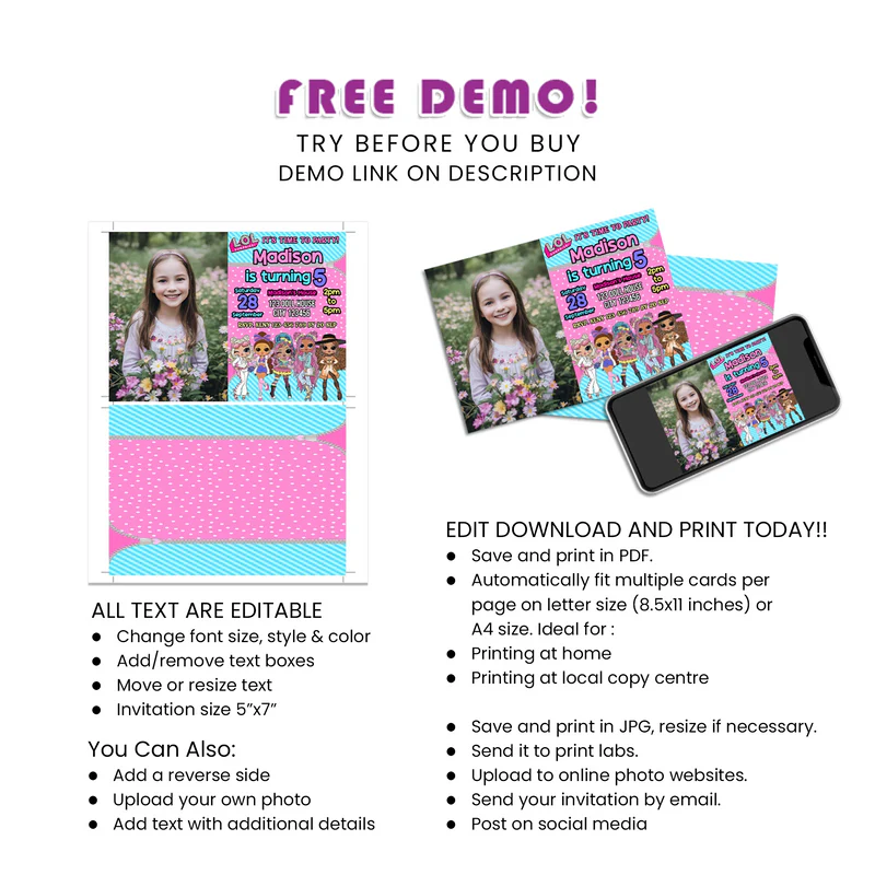 LOL Dolls Personalized Photo Card Invitations