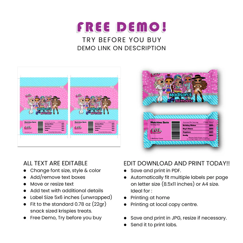 LOL Dolls Rice Krispies Treats Label & Candy Bar Label