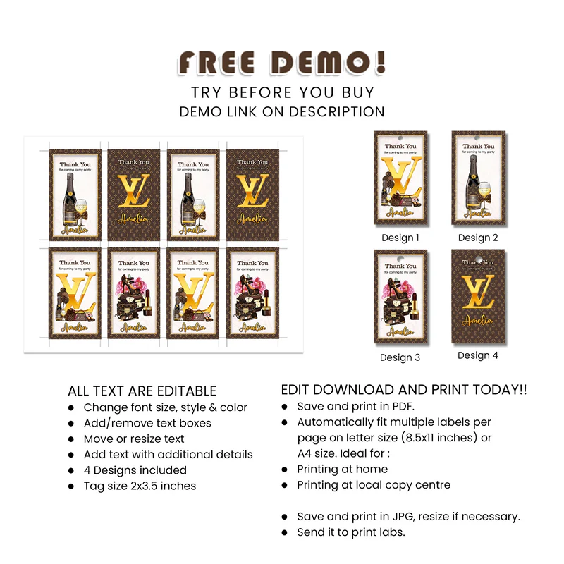 Louis Vuitton Inspired Favor Tags Personalized Party Gift Labels