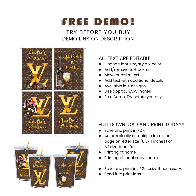 Louis Vuitton Inspired Juice Pouch Label Custom Party Printable