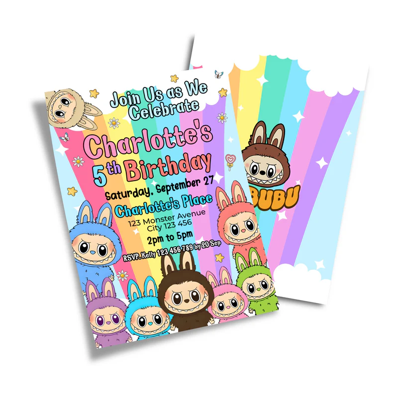 labubu birthday card invitation, customizable digital template3