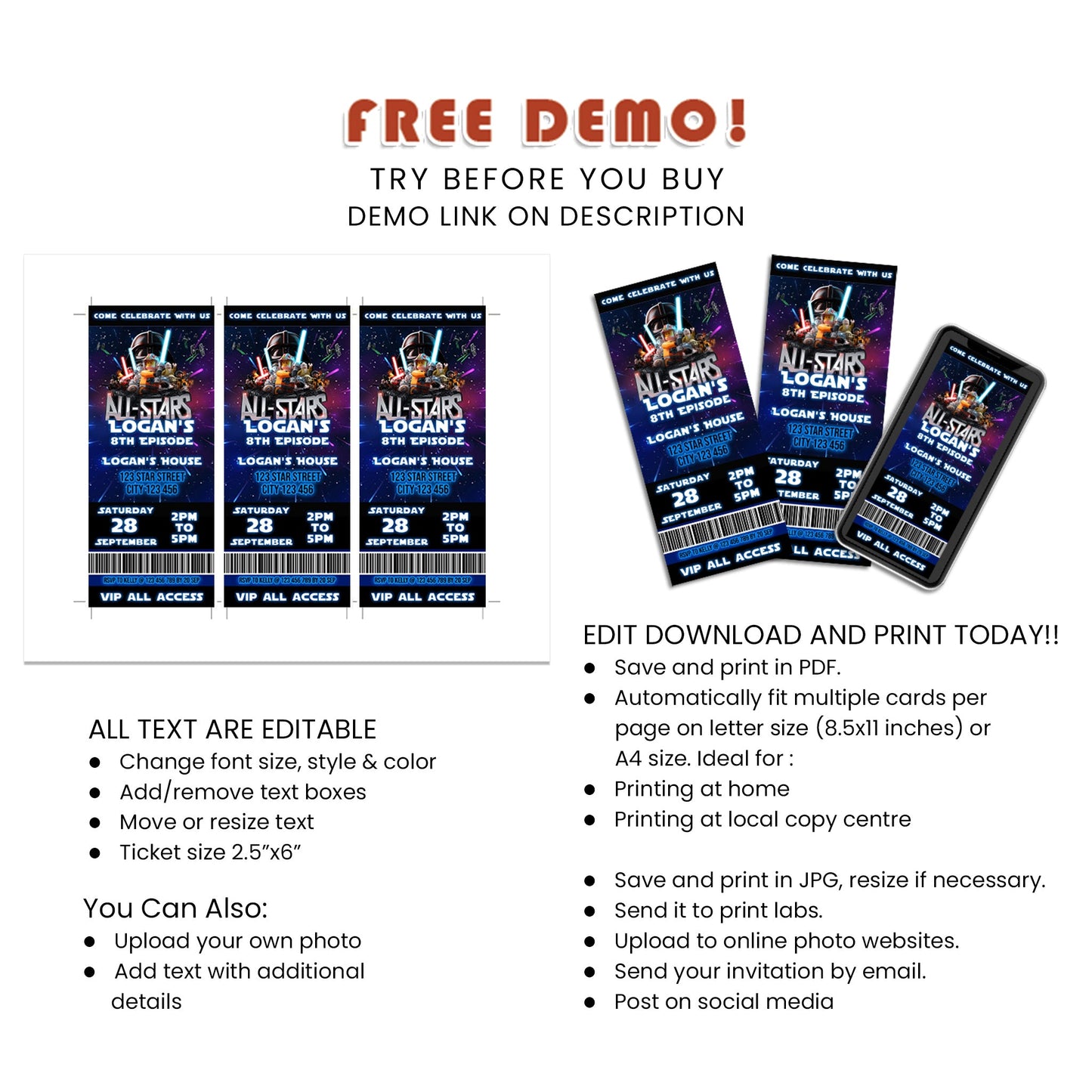 Lego Star Wars Ticket Style Birthday Invitations - Unique Way to Invite Your Guests