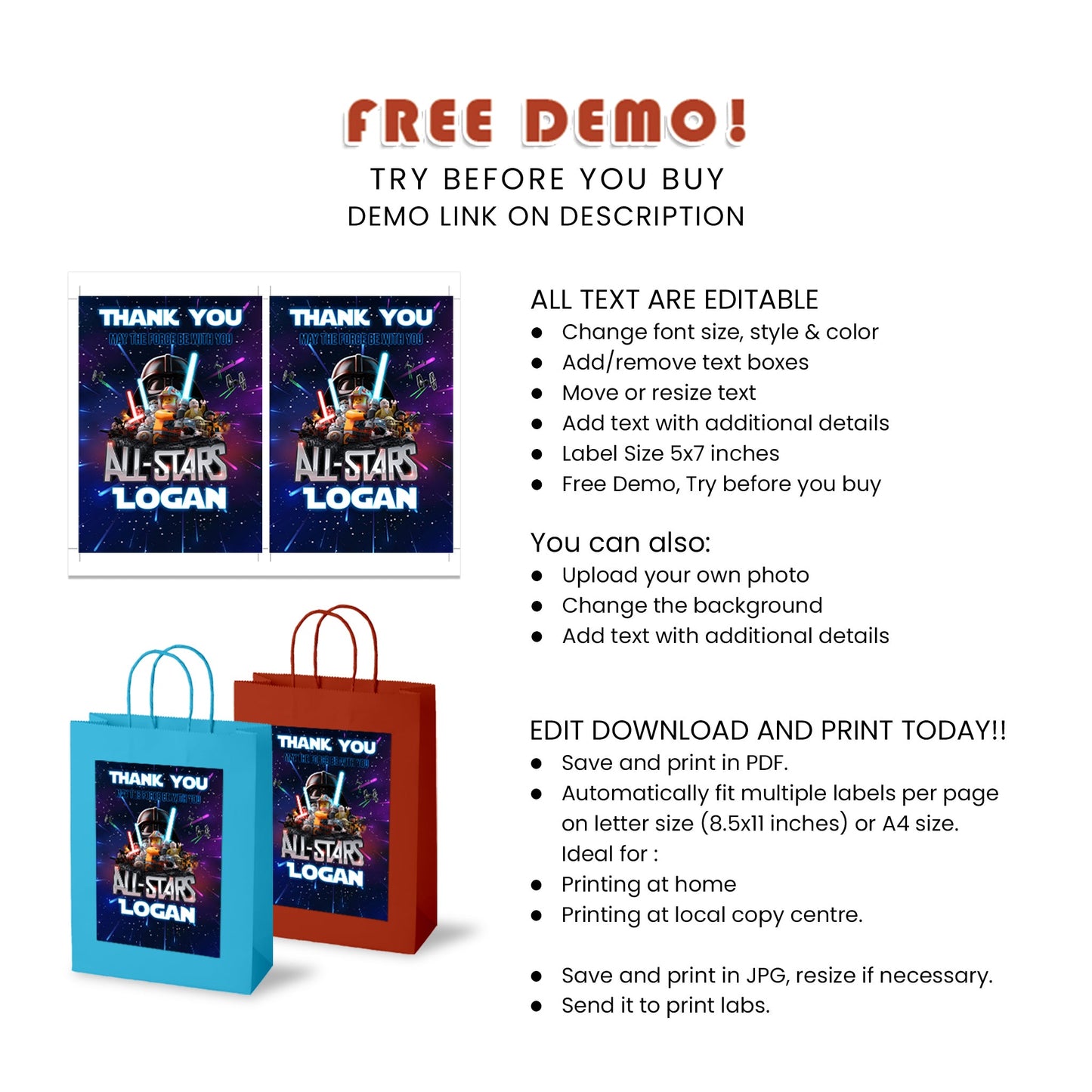 Custom Lego Star Wars Goody Bag Labels - Perfect Finishing Touch for Party Bags