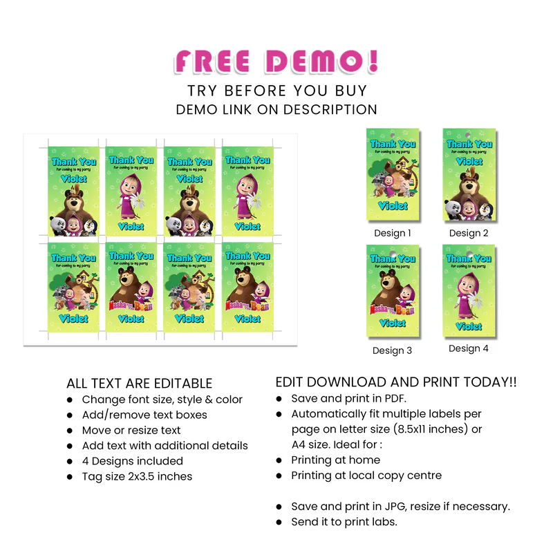 Masha and the Bear Favor Tags