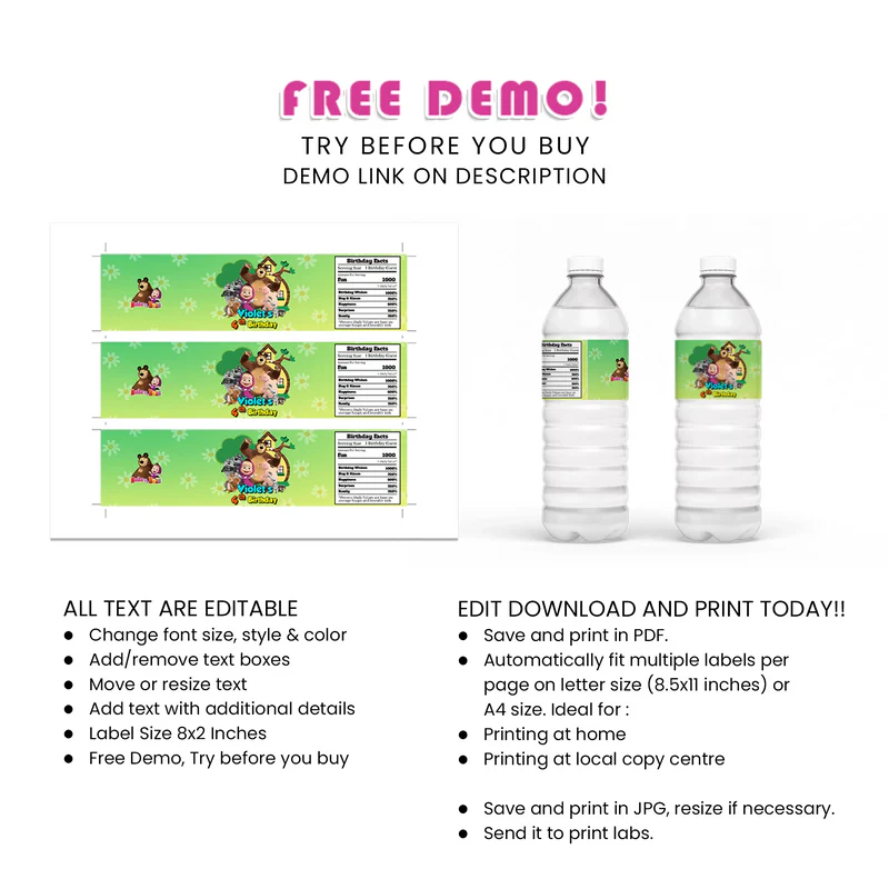 Masha and the Bear Water Bottle Labels