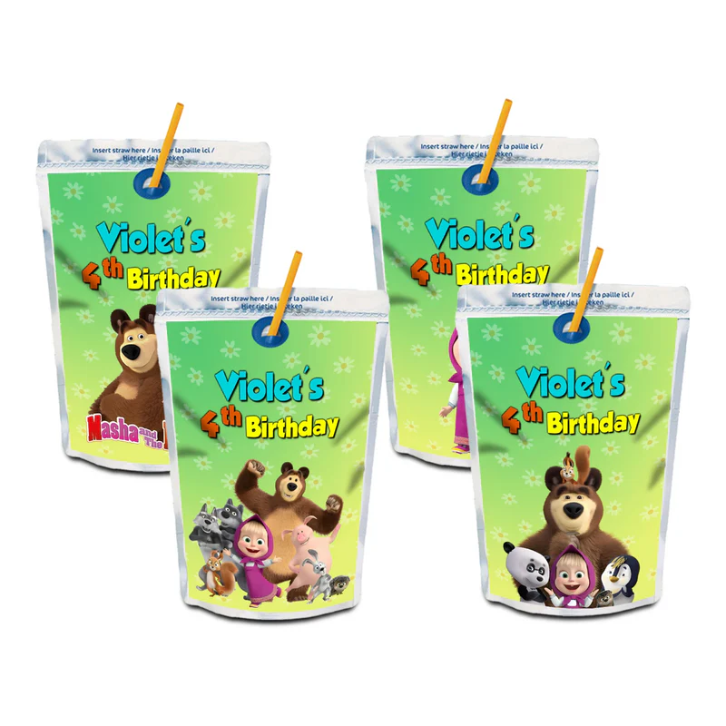 Masha and the Bear juice pouch label, applied to drink pouch