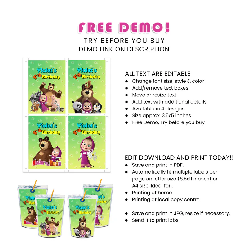 Masha and the Bear Juice Pouch Labels