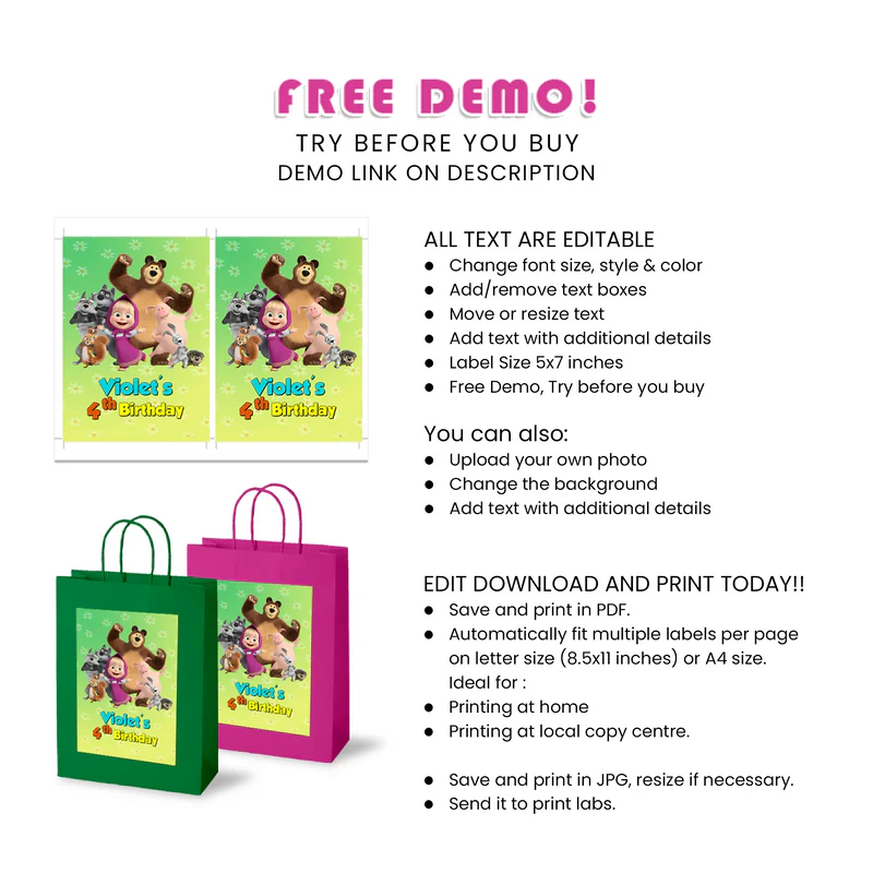 Masha and the Bear Goodie Bag Labels