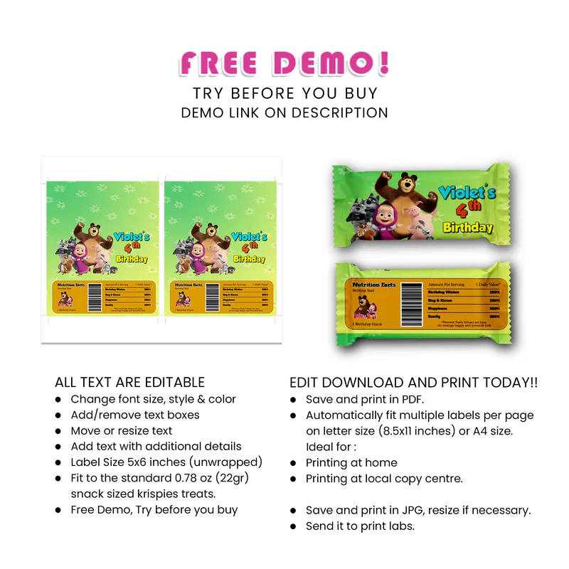 Masha and the Bear Rice Krispies & Candy Bar Labels