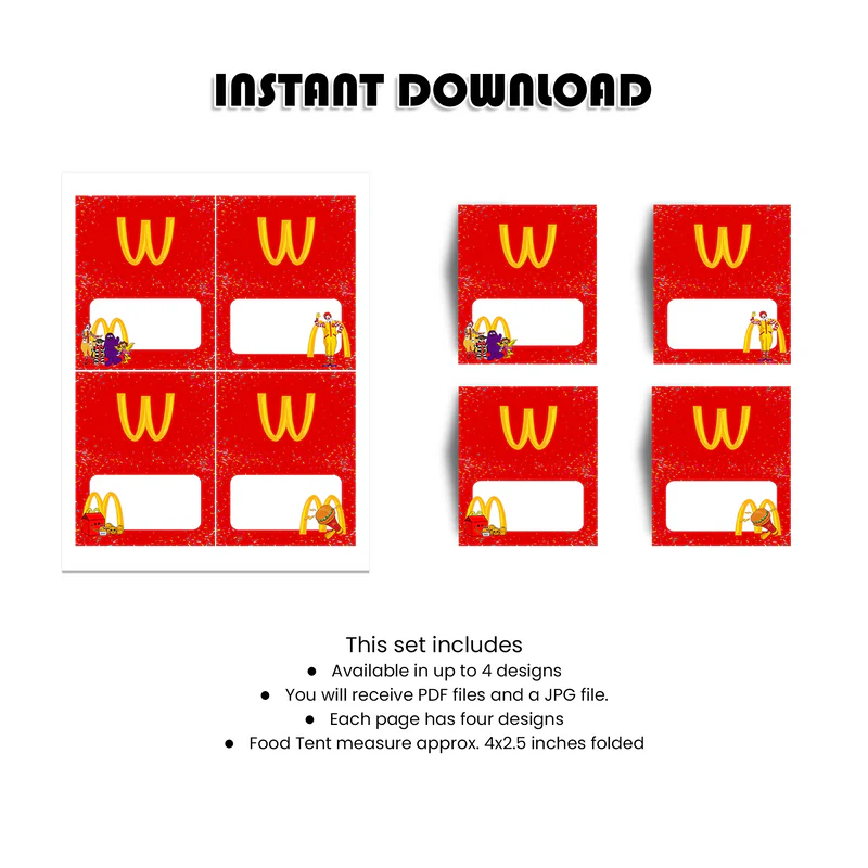 McDonalds Food Cards Personalized Buffet Labels for Kids Party Table