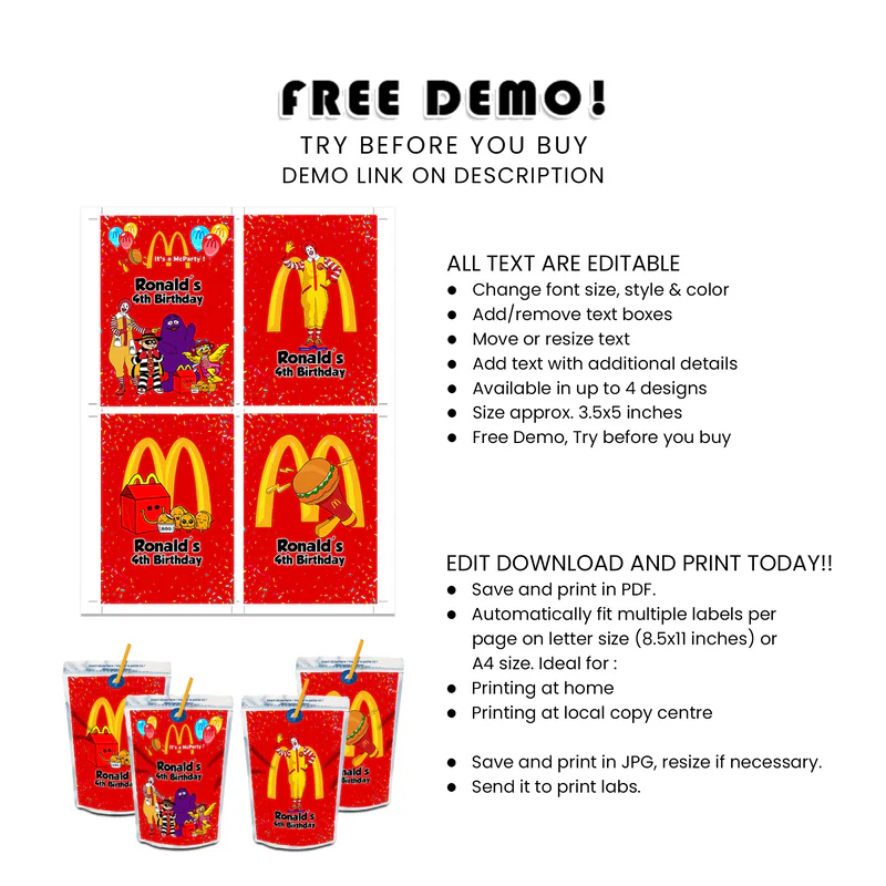 McDonalds Juice Pouch Labels Personalized Drink Labels for Kids Party