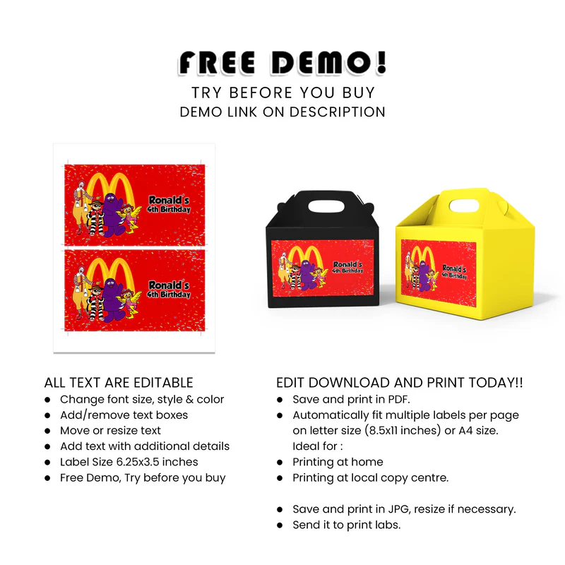 McDonalds Treat Box Labels Custom Favor Box Stickers for Kids Party