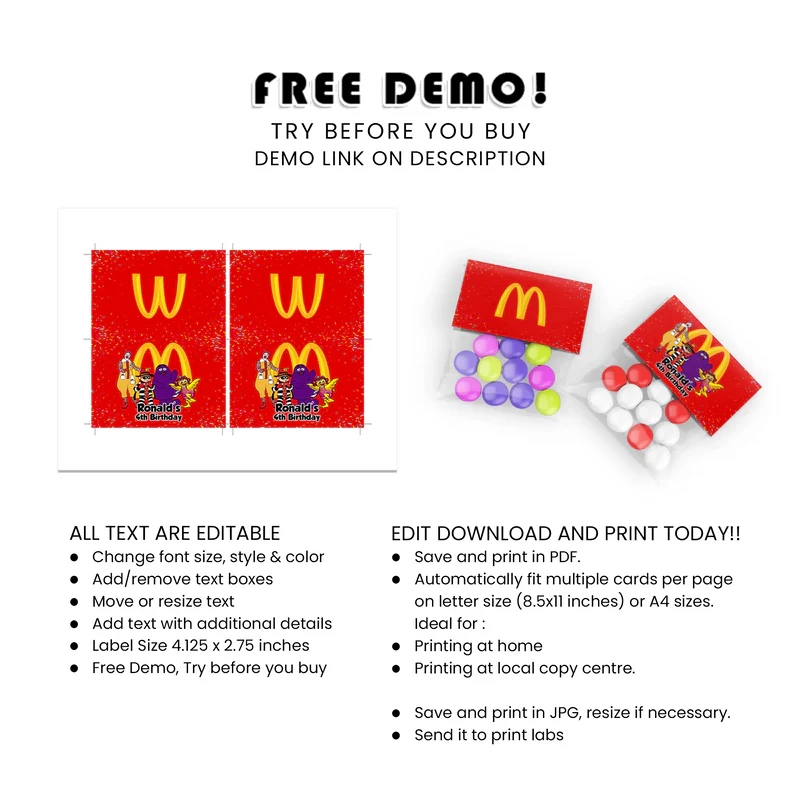 McDonalds Treat Bag Topper Labels Custom Folded Party Favor Tags