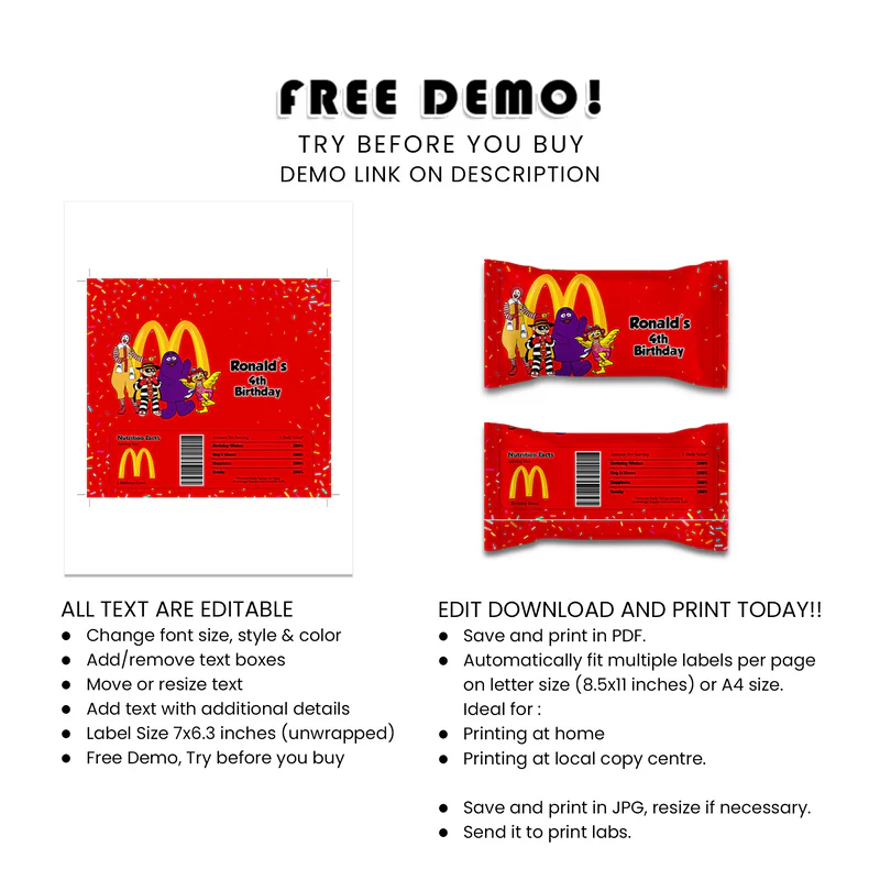 McDonalds Skittles Labels Personalized Candy Bag Labels for Birthday