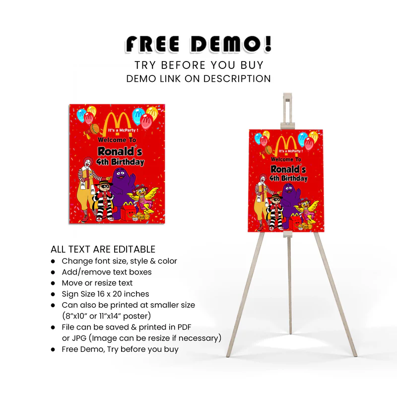 McDonalds Welcome Sign Custom Party Entrance Poster for Birthday