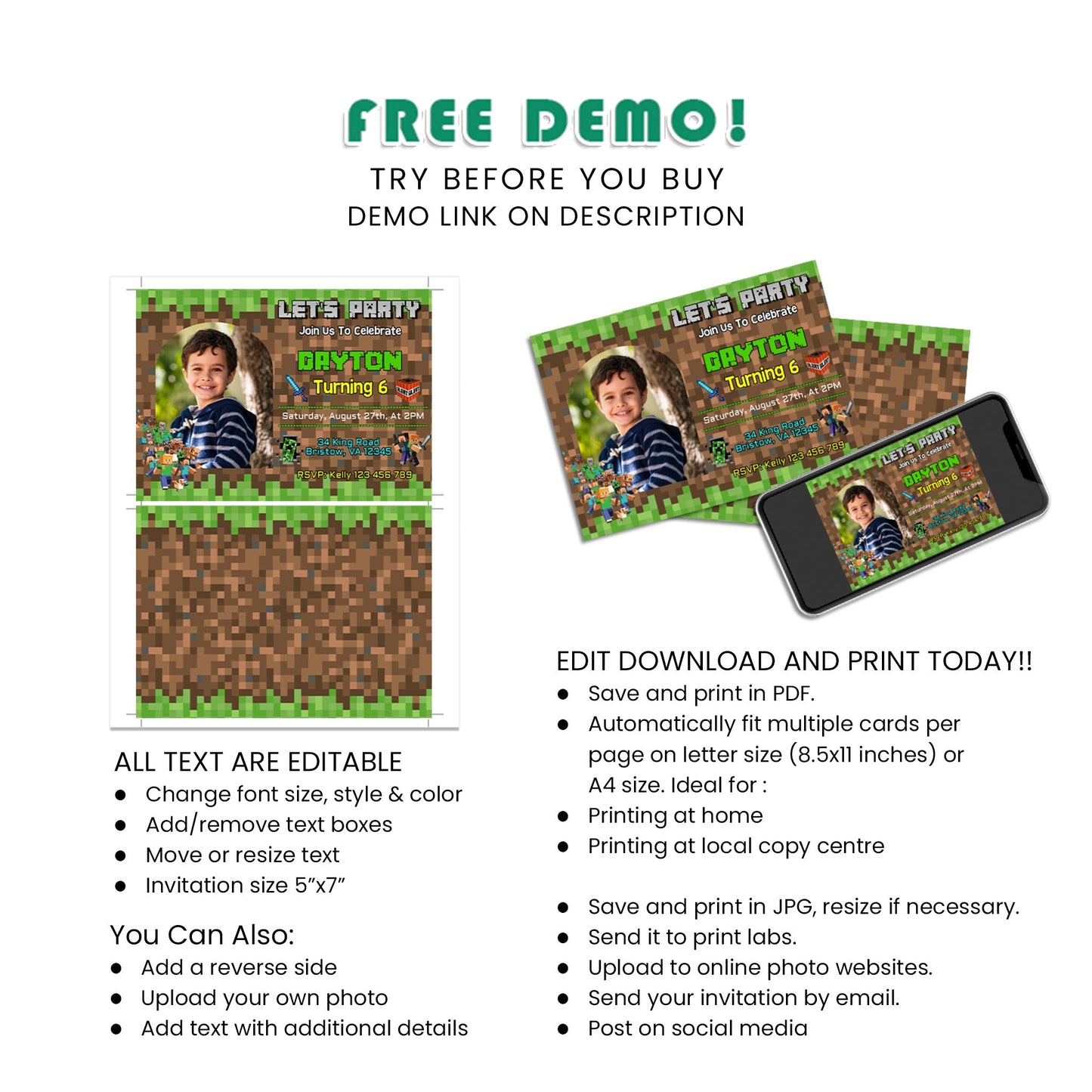 Capture the Fun with Minecraft Personalized Photo Card Invitations