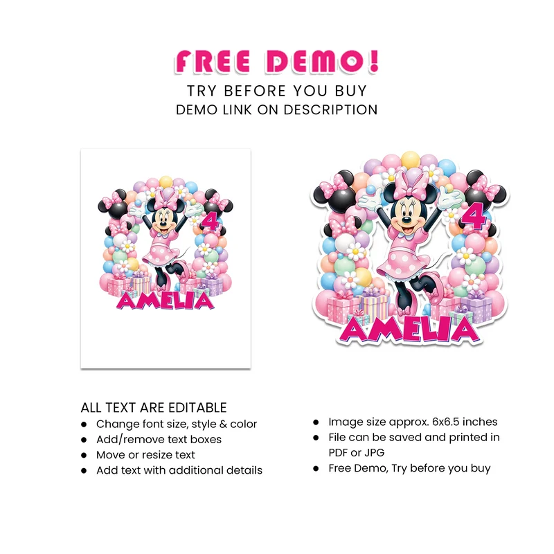 Minnie Mouse Personalized Cake Toppers Printable Digital Download