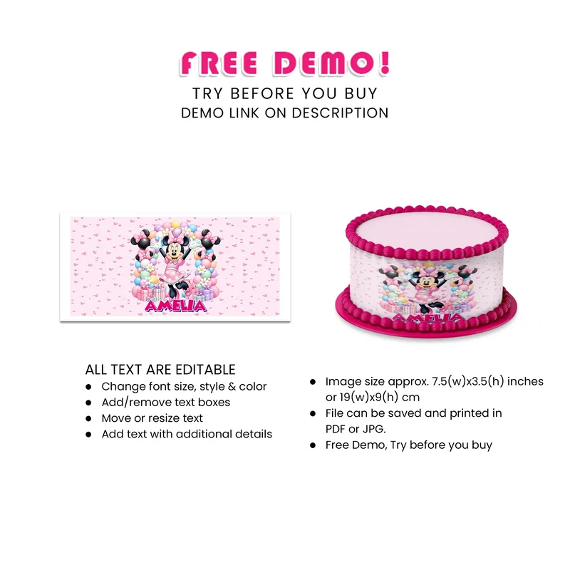 Minnie Mouse Personalized Cake Strips Image Printable Digital Download