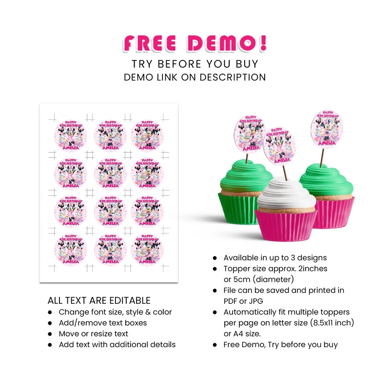 Minnie Mouse Personalized Cupcakes Toppers Digital Download