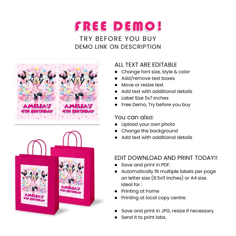 Minnie Mouse Goodie Bag Label Printable Digital Download