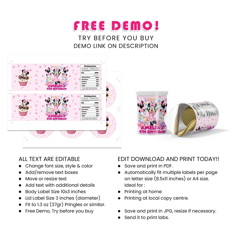 Minnie Mouse Small Pringles Label Printable Digital Download